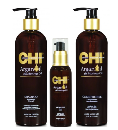 CHI ARGAN OIL  - Zestaw z olejkiem arganowym Szampon 355ml + Odżywka 355ml + Olejek arganowy bez spłukiwania 89ml  