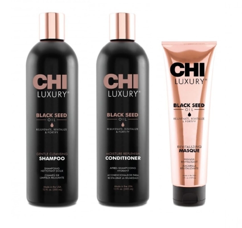 CHI Luxury Black Seed Oil - Szampon oczyszczający 355ml + Odżywka nawilżająca 355ml + Maska 147ml Zestaw włosy zniszczone 