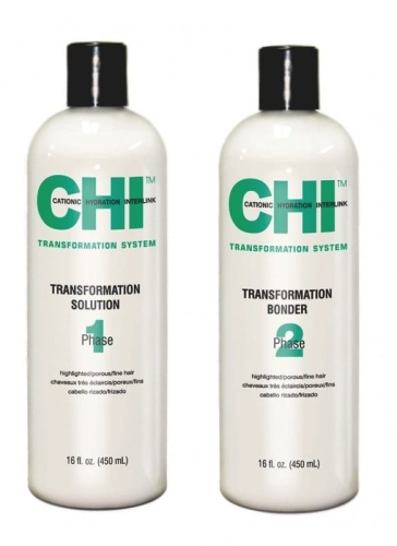 CHI TRANSFORMATION SOLUTION -  Zestaw trwale prostujący do włosów rozjaśnianych, delikatnych i porowatych  Płyn + Utrwalacz