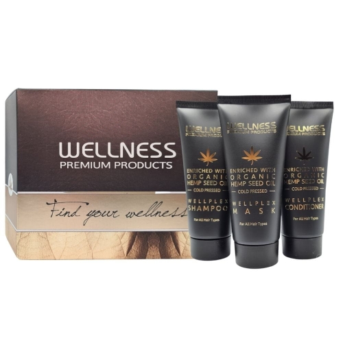Wellness Premium Wellplex Mini zestaw wzmacniający do włosów delikatnych i farbowanych Maska 50ml Odżywka 50ml Szampon 50ml