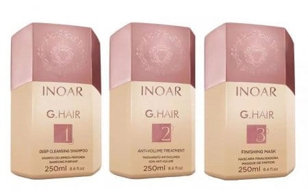 Inoar g-hair Zabieg prostowania do włosów niesfornych i trudnych szampon keratyna maska 3x250ml 
