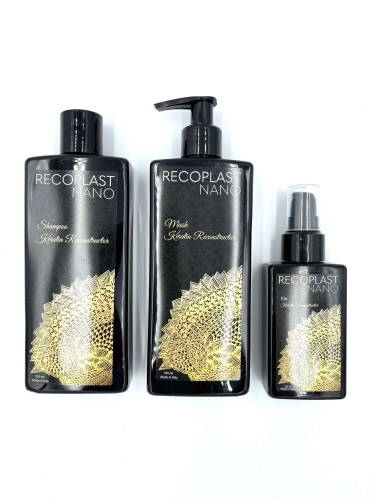 Recoplast nano keratin Zestaw wygładzający do włosów po keratynowym prostowaniu szampon 250ml maska 250ml olejek 100ml