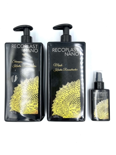 Recoplast nano keratin Zestaw wygładzający do włosów po keratynowym prostowaniu szampon 1000ml maska 1000ml olejek 100ml