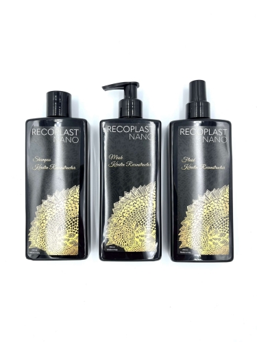 Recoplast nano keratin Zestaw wygładzający do włosów po keratynowym prostowaniu szampon 250ml maska 250ml fluid 250ml