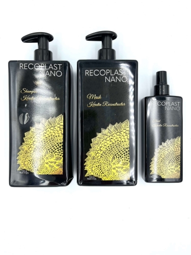 Recoplast nano keratin Zestaw wygładzający do włosów po keratynowym prostowaniu szampon 1000ml maska 1000ml fluid 250ml
