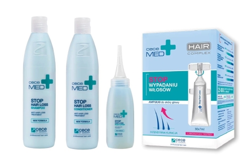 Cece med Zestaw przeciw wypadaniu włosów odżywka 300ml szampon 300ml  lotion 75ml ampułki 30x7ml