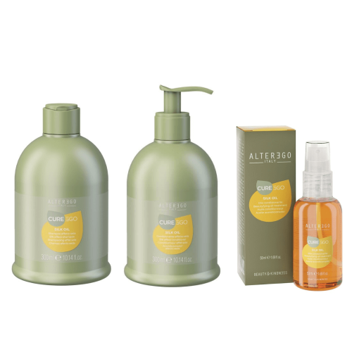 Alter ego cureego silk oil Zestaw wygładzający Szampon 300ml Odżywka 300ml Olejek 50ml