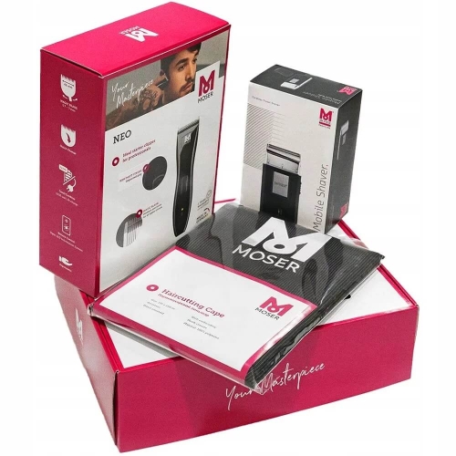 Moser Wahl zestaw prezentowy maszynka Moser Neo golarka Mobile Shaver i peleryna gratis