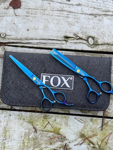  FOX Blue Rose Zestaw Nożyczki i degażówki do włosów 6'' z brokatowym etui