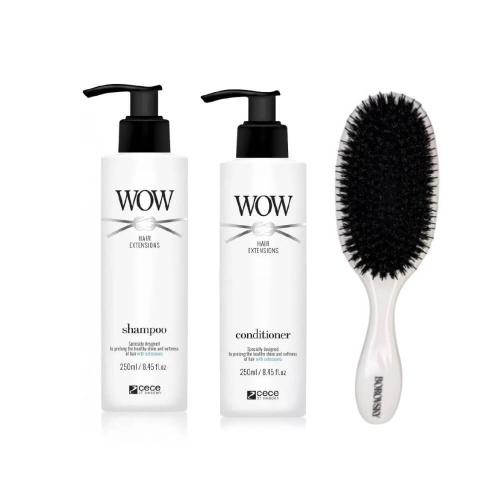 CE-CE WOW Hair Extensions Zestaw do włosów przedłużanych: Szampon 250ml, Odżywka 250ml + Szczotka Borovsky Extensions 