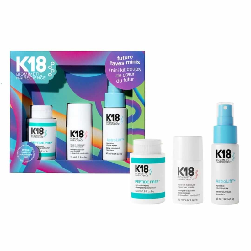 K18 futures faves mini Zestaw regenerujący i nadający objętość Szampon 54ml Maska 15ml Spray 47ml.jpg