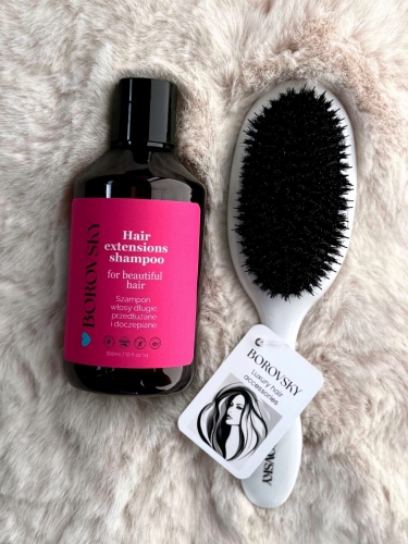 Borovsky hair extensions Zestaw do włosów przedłużanych Szampon 300ml Szczotka white pearl pro