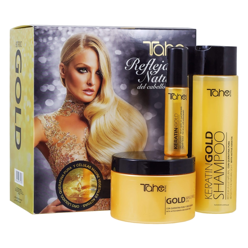 Tahe keratin gold pack Zestaw regenerujący do włosów zniszczonych Szampon 300ml Maska 300ml Olejek 30ml.jpg